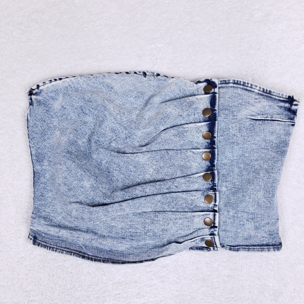 Acid Wash Denim Tube Top Strapless Side Button Smocked Back Blue 3XL IT10572